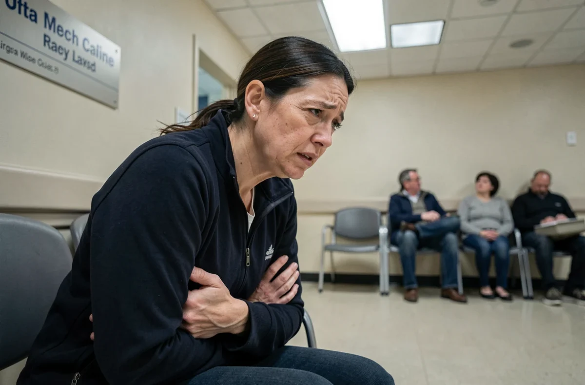 Femme souffrant d'une douleur à la cage thoracique dans une salle d'attente des urgences hospitalières