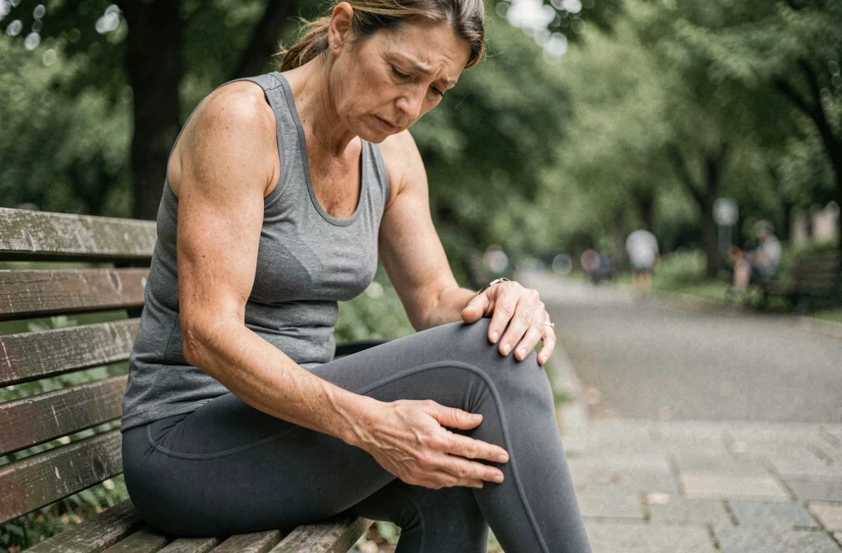 Femme tenant son genou douloureux côté interne, symptôme typique de la tendinopathie de la patte d'oie