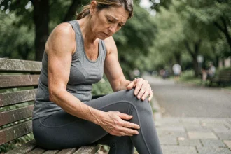 Femme tenant son genou douloureux côté interne, symptôme typique de la tendinopathie de la patte d'oie