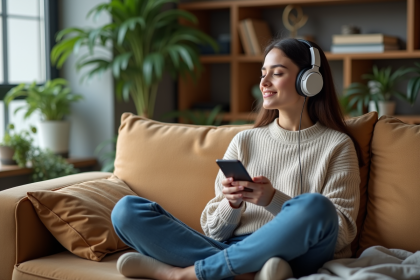 Jeune femme détendue écoute de la musique dans un salon cosy
