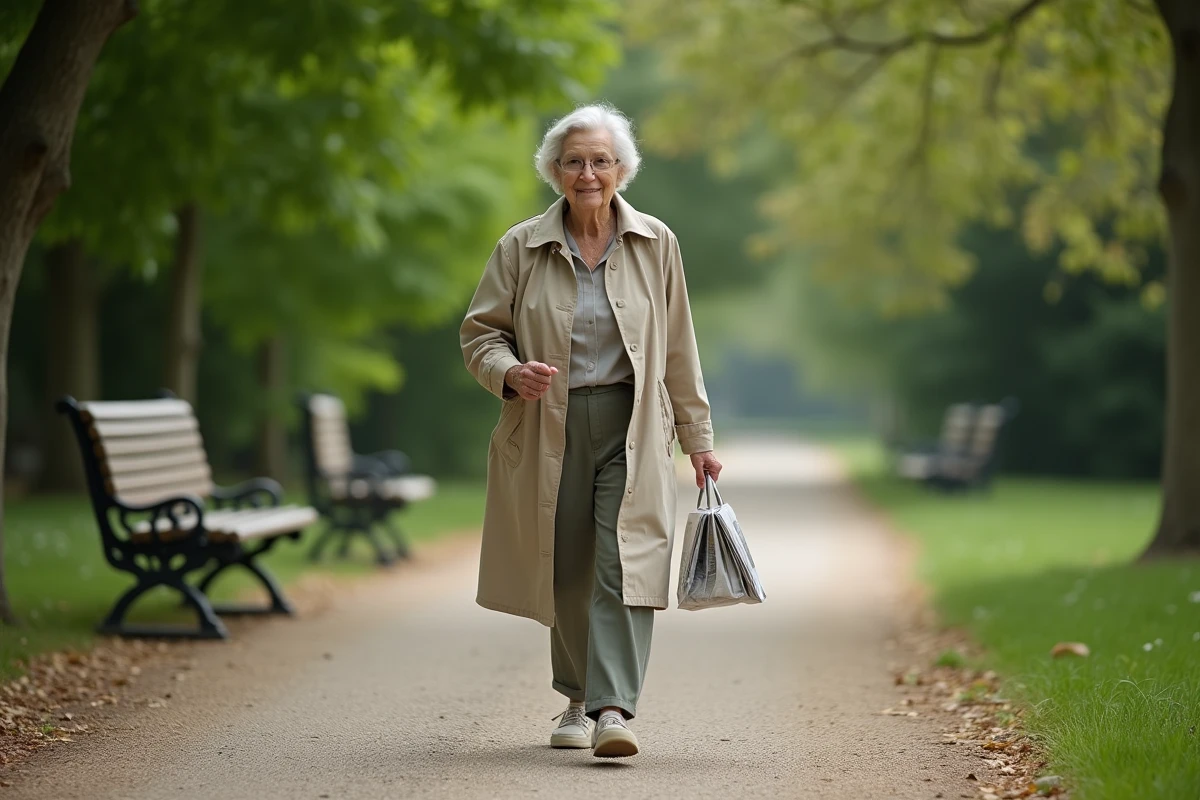 Femme âgée marchant dans un parc paisible