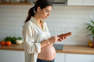 Femme enceinte dans sa cuisine tenant un paquet de chorizo et lisant l'étiquette avec attention