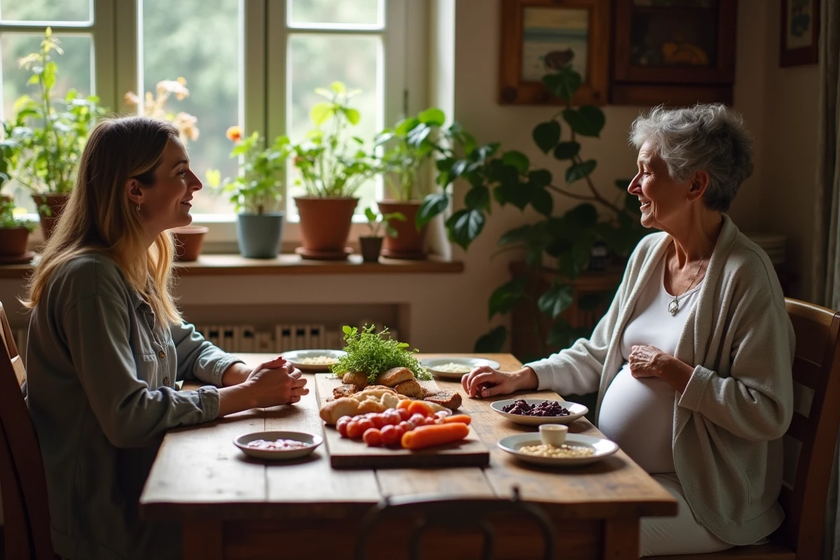 Femme enceinte discutant des conseils de grand-mère autour d'un plateau de charcuterie incluant du chorizo