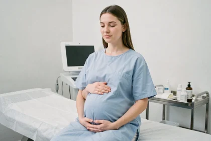 Femme enceinte en fin de grossesse assise sur une table d'examen dans une salle de consultation obstétrique moderne