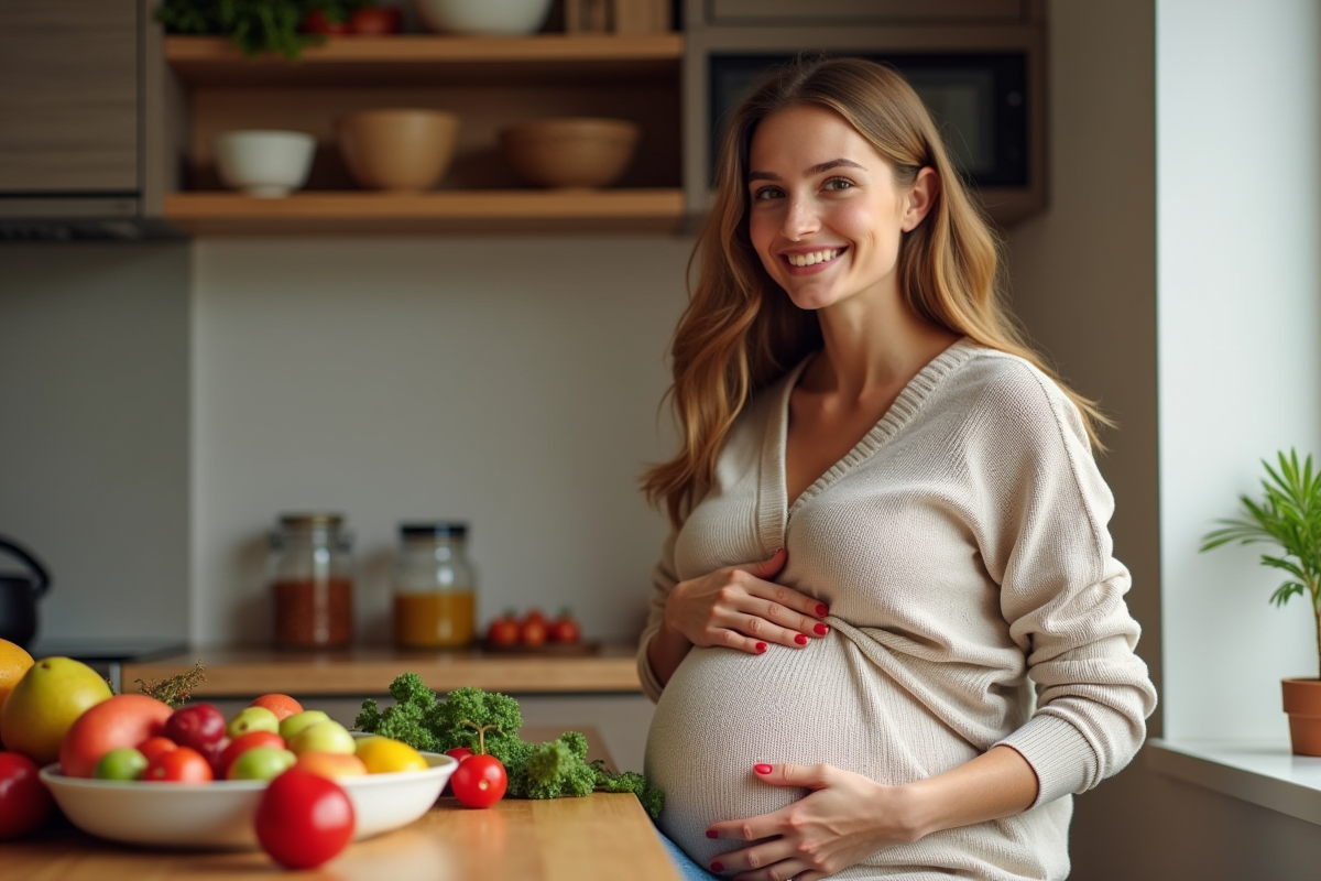 Femme enceinte préparant une salade de fruits dans la cuisine