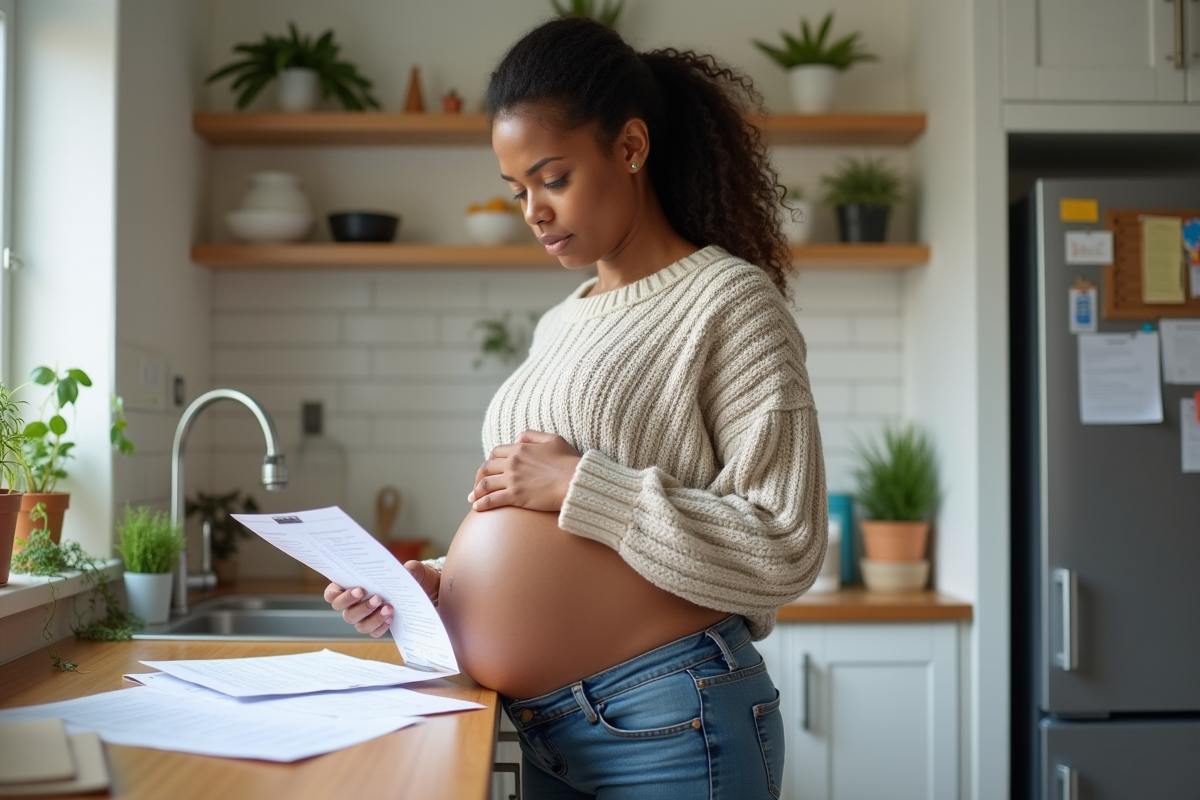 Femme enceinte consulte ses résultats médicaux à la maison