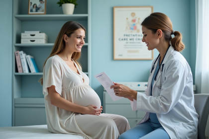 Femme enceinte avec m&eacute;decin dans une clinique moderne