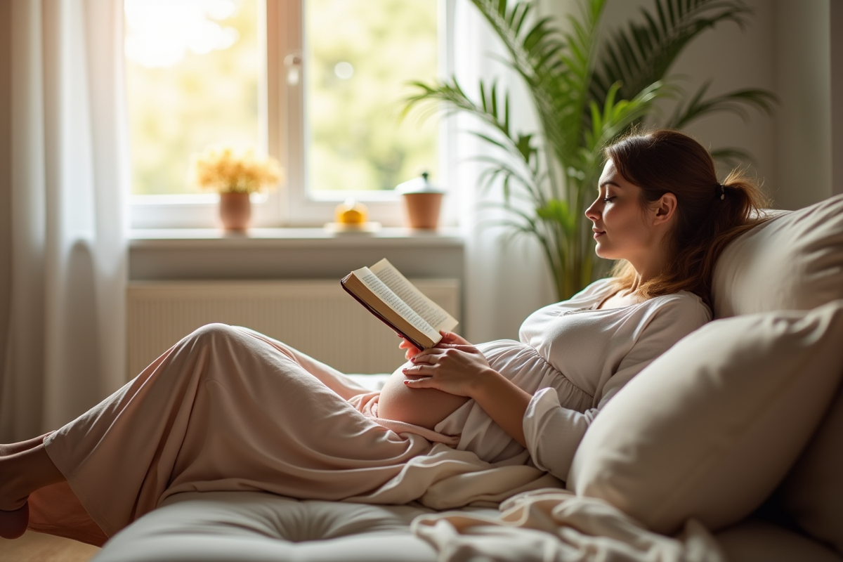 Femme enceinte se relaxant sur un canapé en lisant un livre
