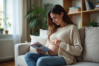 Femme enceinte lit un livret de maternit&eacute; dans un salon cosy