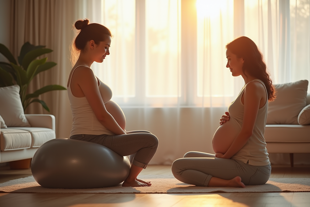 Femme enceinte assise sur un ballon de gym dans un salon lumineux
