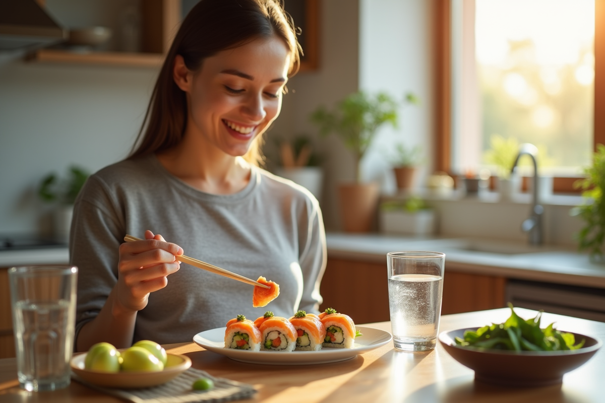 Femme enceinte souriante dégustant des sushi sains à la maison