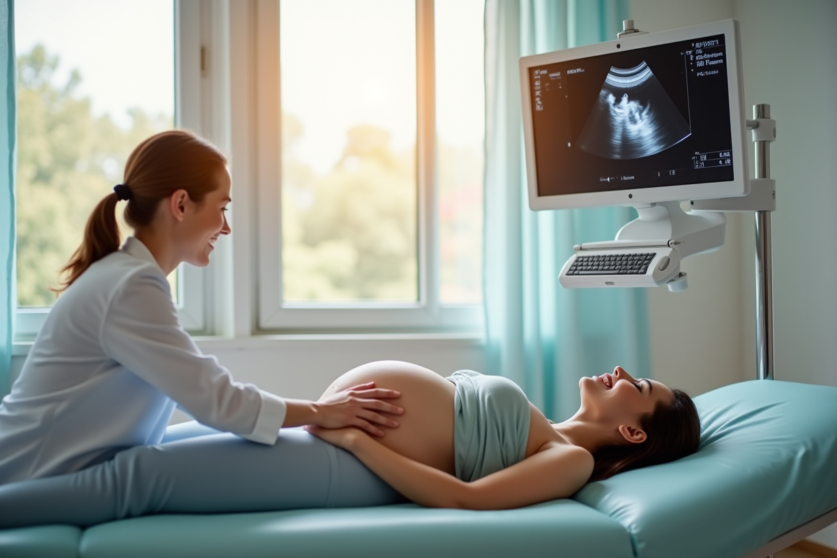 Femme enceinte souriante lors d'une échographie dans une clinique lumineuse