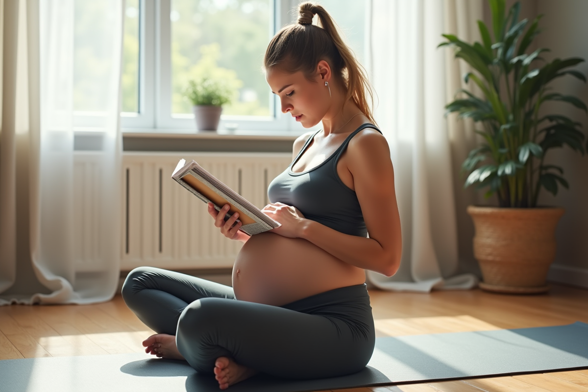 Femme enceinte en tenue de sport lisant un guide de grossesse