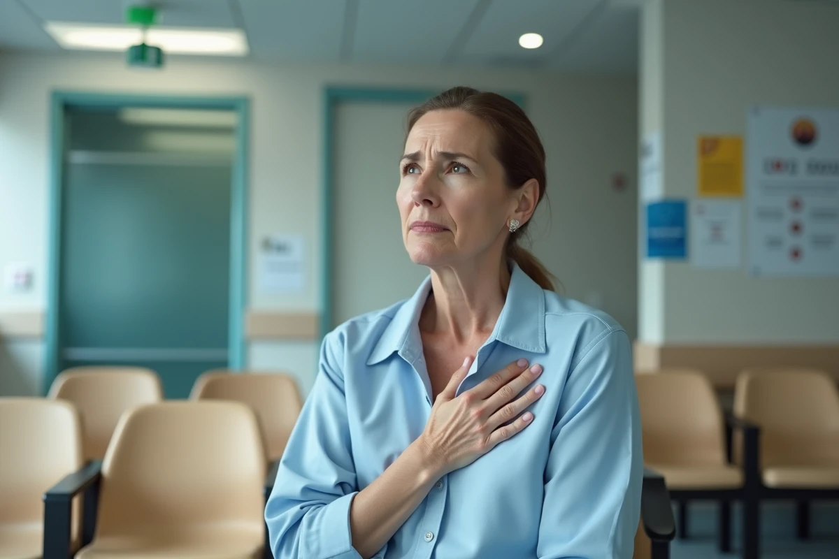 Femme en salle d'attente médicale avec douleur à l'aisselle gauche et essoufflement apparent