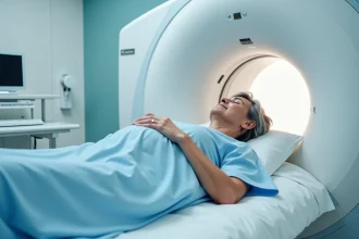 Femme allongée dans un scanner IRM dans une salle de radiologie moderne, illustrant un examen IRM sans danger