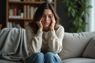 Femme fatiguée assise sur un canapé dans un salon