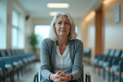 Femme fatigu&eacute;e en salle d'attente m&eacute;dicale, illustrant la fatigue persistante li&eacute;e &agrave; un TCMH bas et un possible cancer