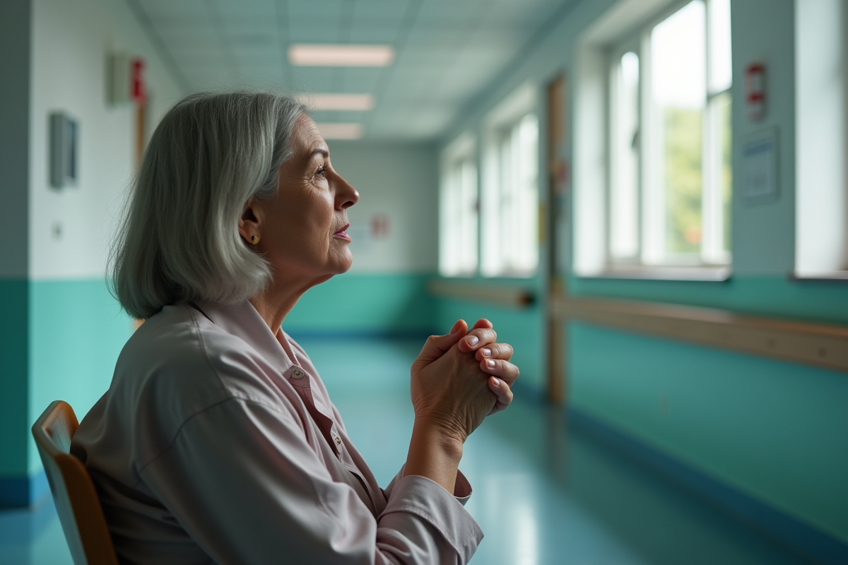 Femme réfléchissant dans un couloir d'hôpital lumineux
