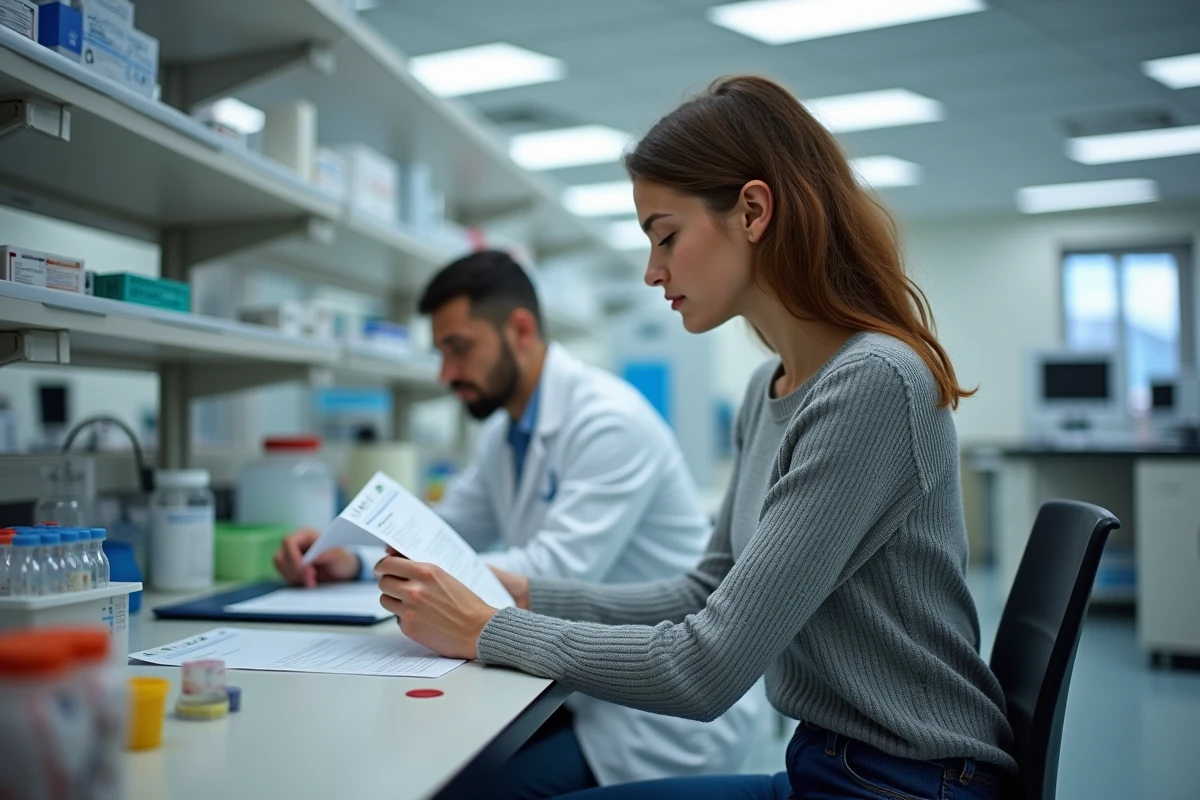 Jeune femme au laboratoire examinant des &eacute;chantillons