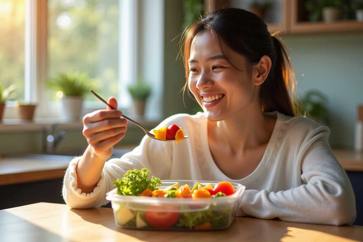 Femme heureuse mangeant un repas sain dans la cuisine
