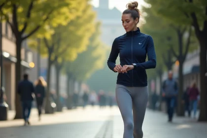 Femme marchant en ville et consultant son podomètre au poignet pour mesurer sa distance en pas