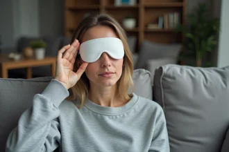 Femme détendue avec masque migraine dans un salon cosy
