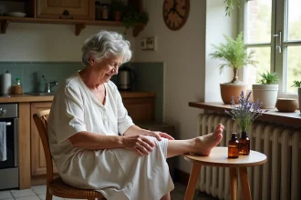 Femme d'âge moyen massant sa jambe avec des huiles essentielles