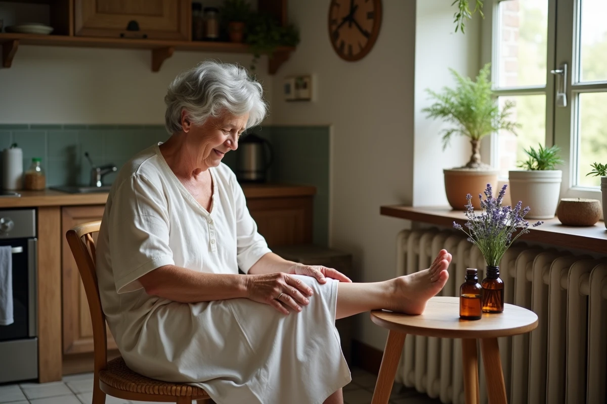 Femme d'âge moyen massant sa jambe avec des huiles essentielles