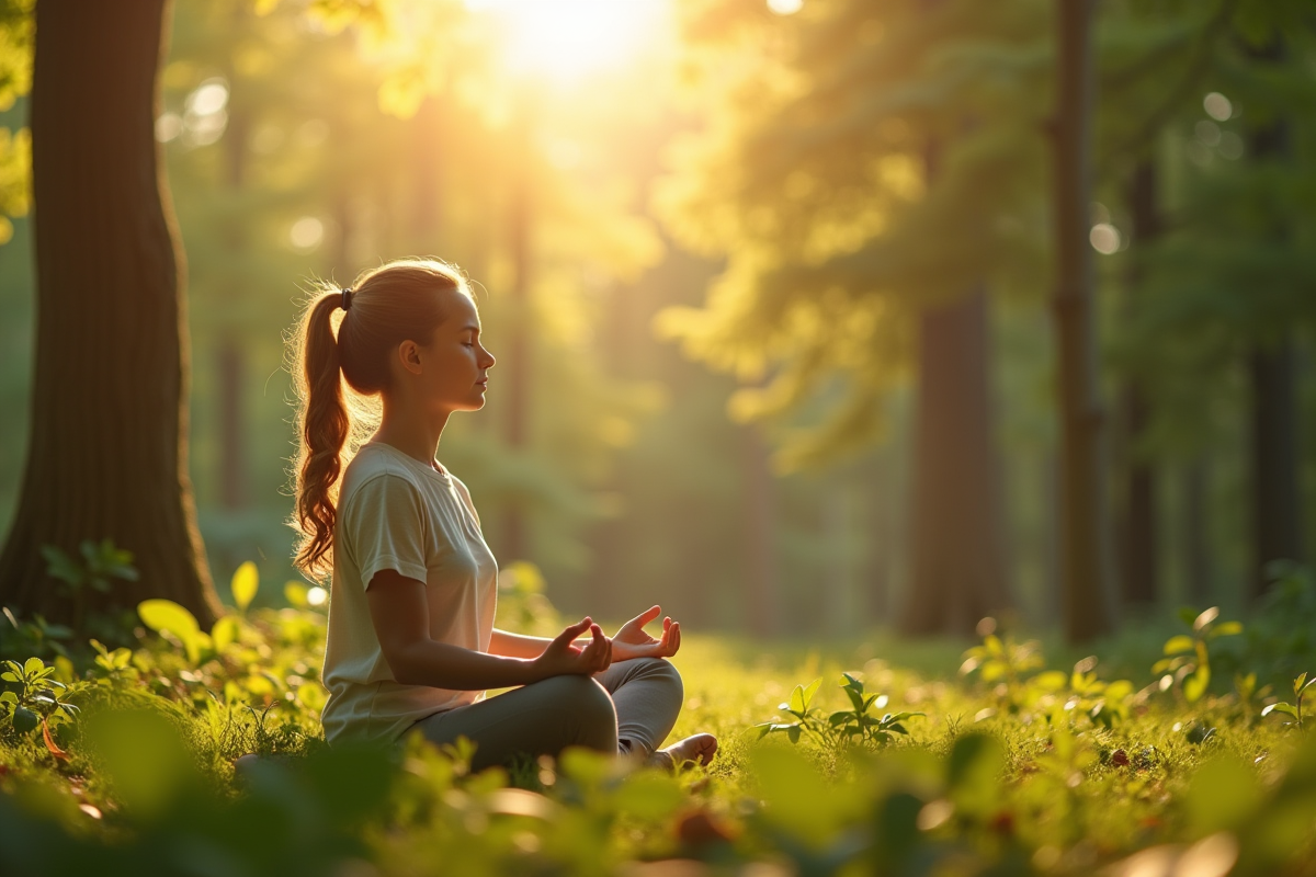 Jeune femme méditant en forêt ensoleillée
