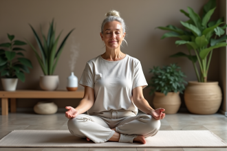 Femme méditant dans un studio de bien-être intérieur