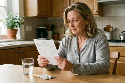 Femme d'une cinquantaine d'années lisant une ordonnance médicale avec des comprimés de cortisone posés sur la table