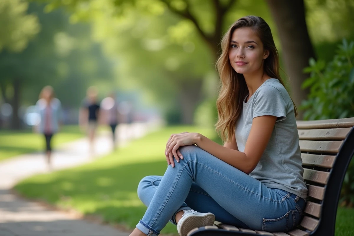 Jeune femme assise dans un parc touchant son genou