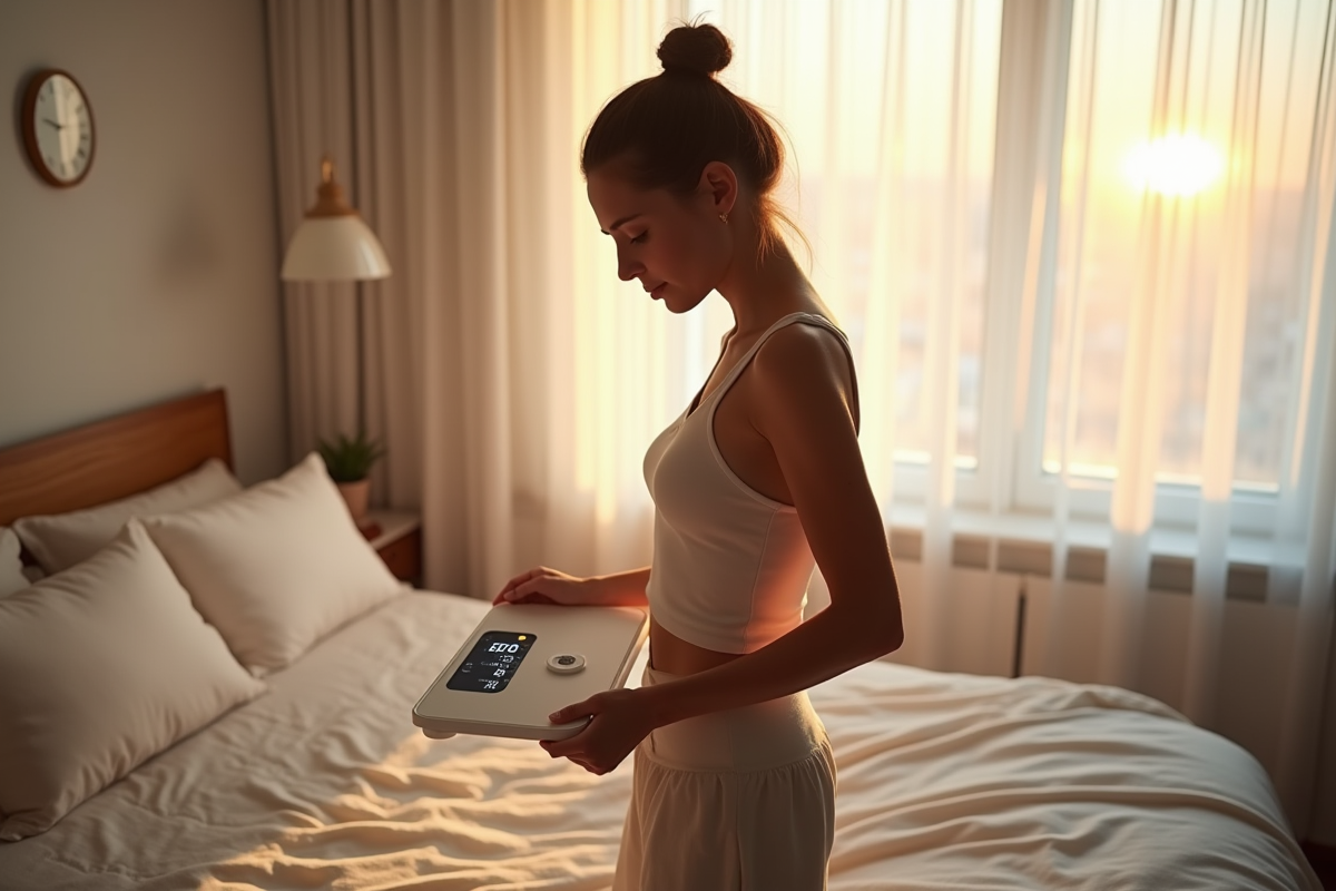 Jeune femme se pesant le matin dans une chambre lumineuse