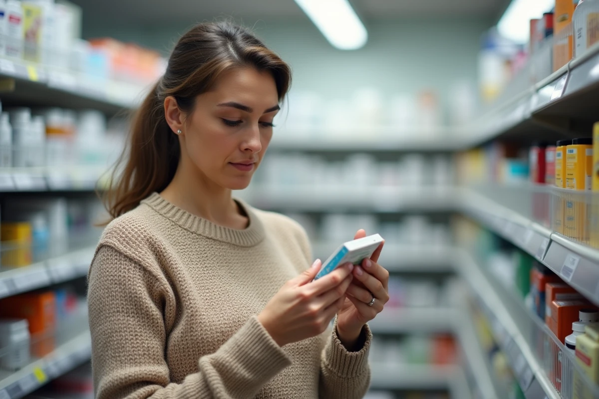 Femme examinant une boîte de complément minceur en pharmacie avant achat