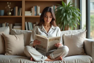 Femme détendue assise en tailleur sur un canapé en lin, lisant un magazine bien-être dans un salon cosy et moderne