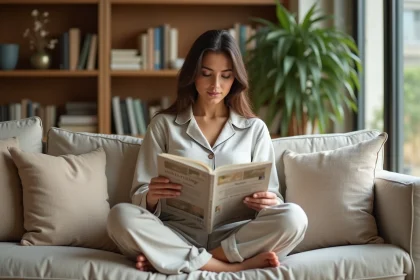 Femme détendue assise en tailleur sur un canapé en lin, lisant un magazine bien-être dans un salon cosy et moderne