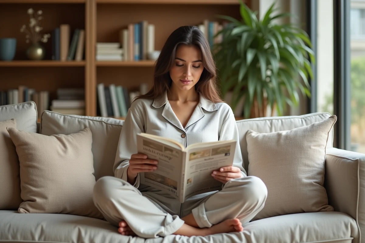 Femme détendue assise en tailleur sur un canapé en lin, lisant un magazine bien-être dans un salon cosy et moderne