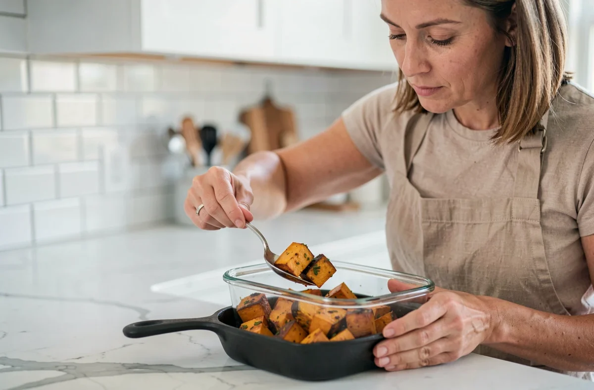 Femme préparant des portions de courge butternut rôtie pour contrôler l'apport calorique au quotidien