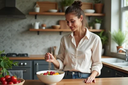 Femme en cuisine pr&eacute;parant un bol de smoothie color&eacute;