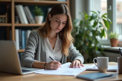 Femme professionnelle &agrave; la maison consulte un formulaire