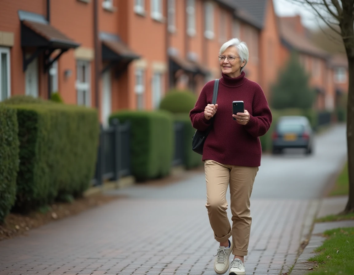 Femme en balade dans un quartier résidentiel consultant une application de comptage de pas sur smartphone