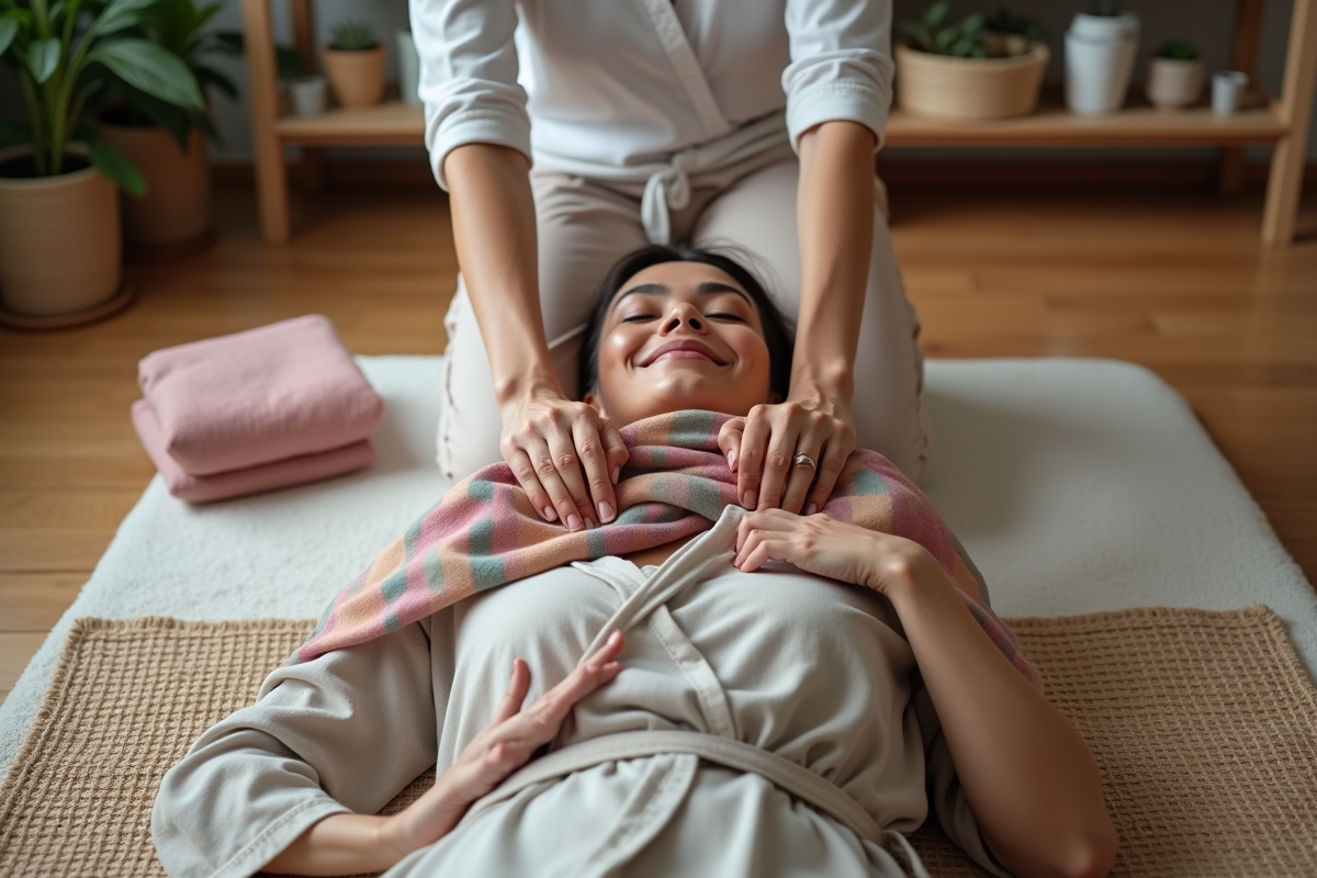 Femme souriante avec rebozo dans un intérieur chaleureux