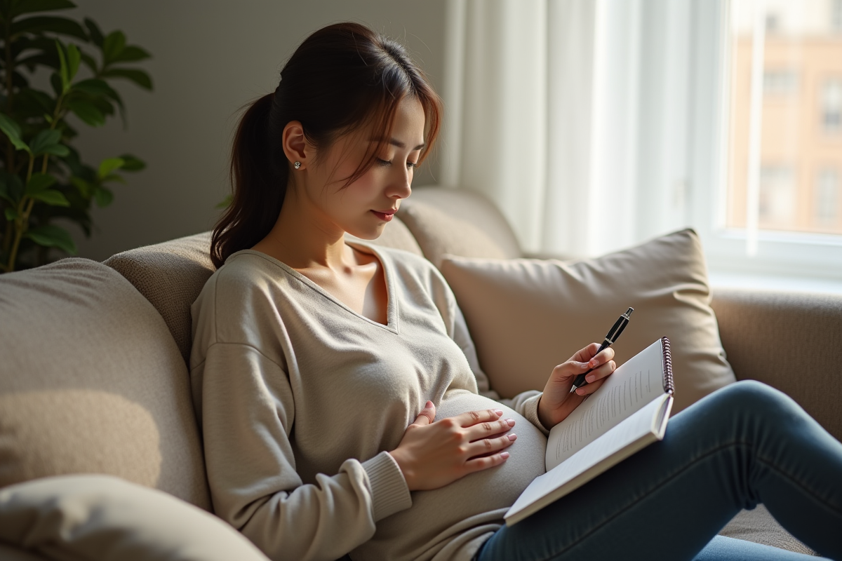 Jeune femme assise sur un canapé pense à sa grossesse