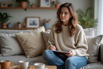Femme assise sur un canap&eacute; dans un salon calme et cosy