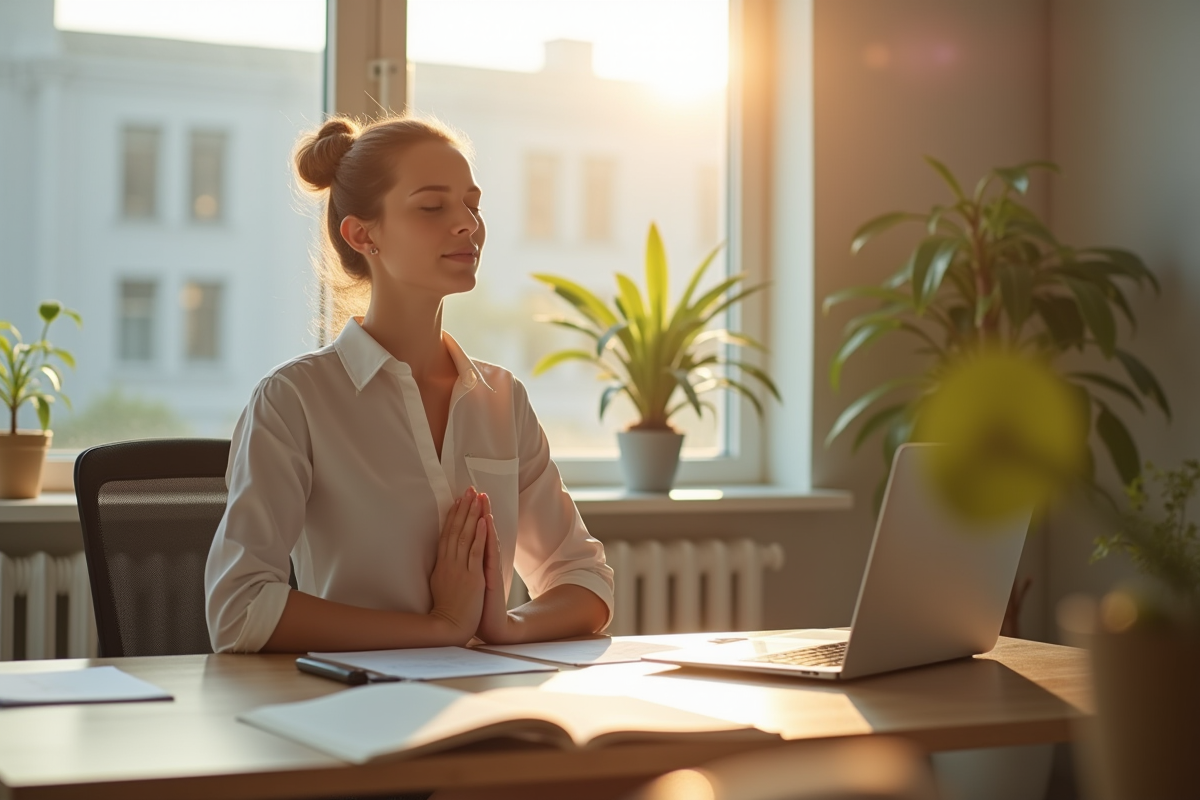 Jeune femme professionnelle pratiquant la respiration profonde au bureau
