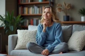 Femme assise dans un salon moderne et accueillant