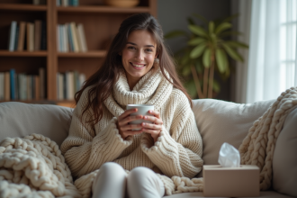 Jeune femme détendue avec tasse de tisane dans un salon
