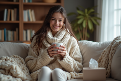 Jeune femme détendue avec tasse de tisane dans un salon