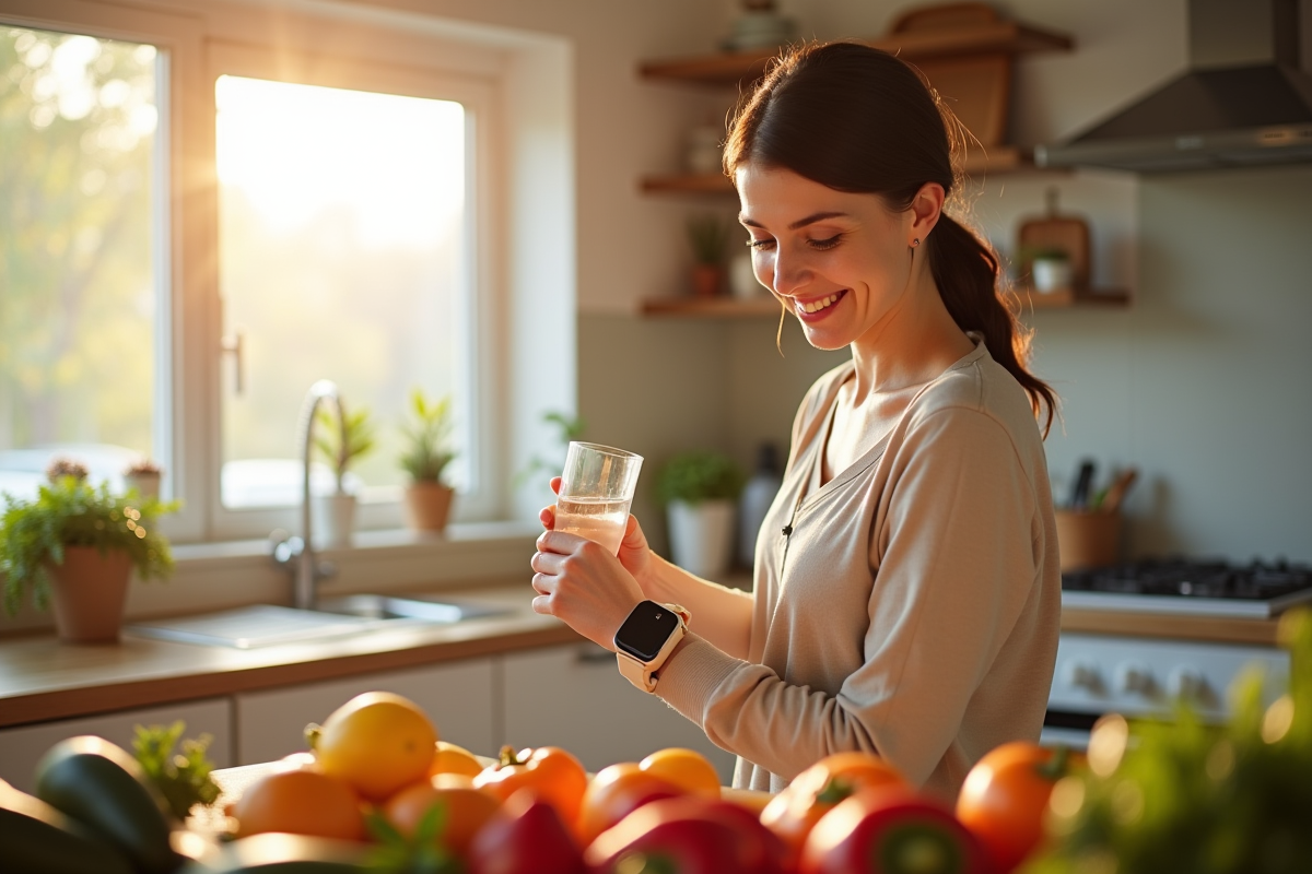 Femme souriante dans la cuisine au matin avec fruits frais