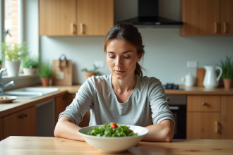 Femme en cuisine avec salade saine et ambiance naturelle